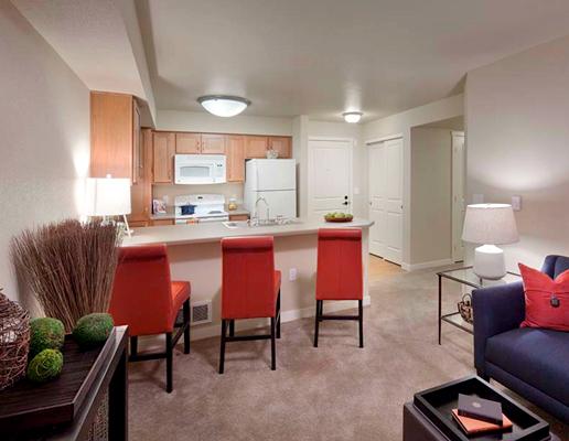 Some apartments feature space-saving breakfast bars.