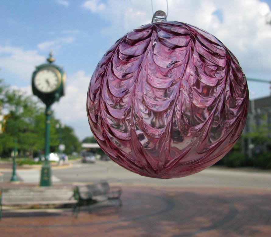 Blown Glass Ornament and View of Dexter Village Clock