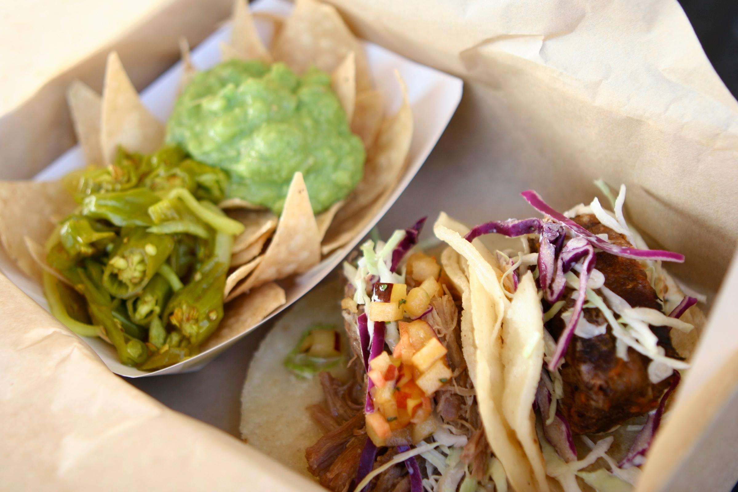 Chips + Wasabi Guacamole / Short-rib + Duck Confit Tacos