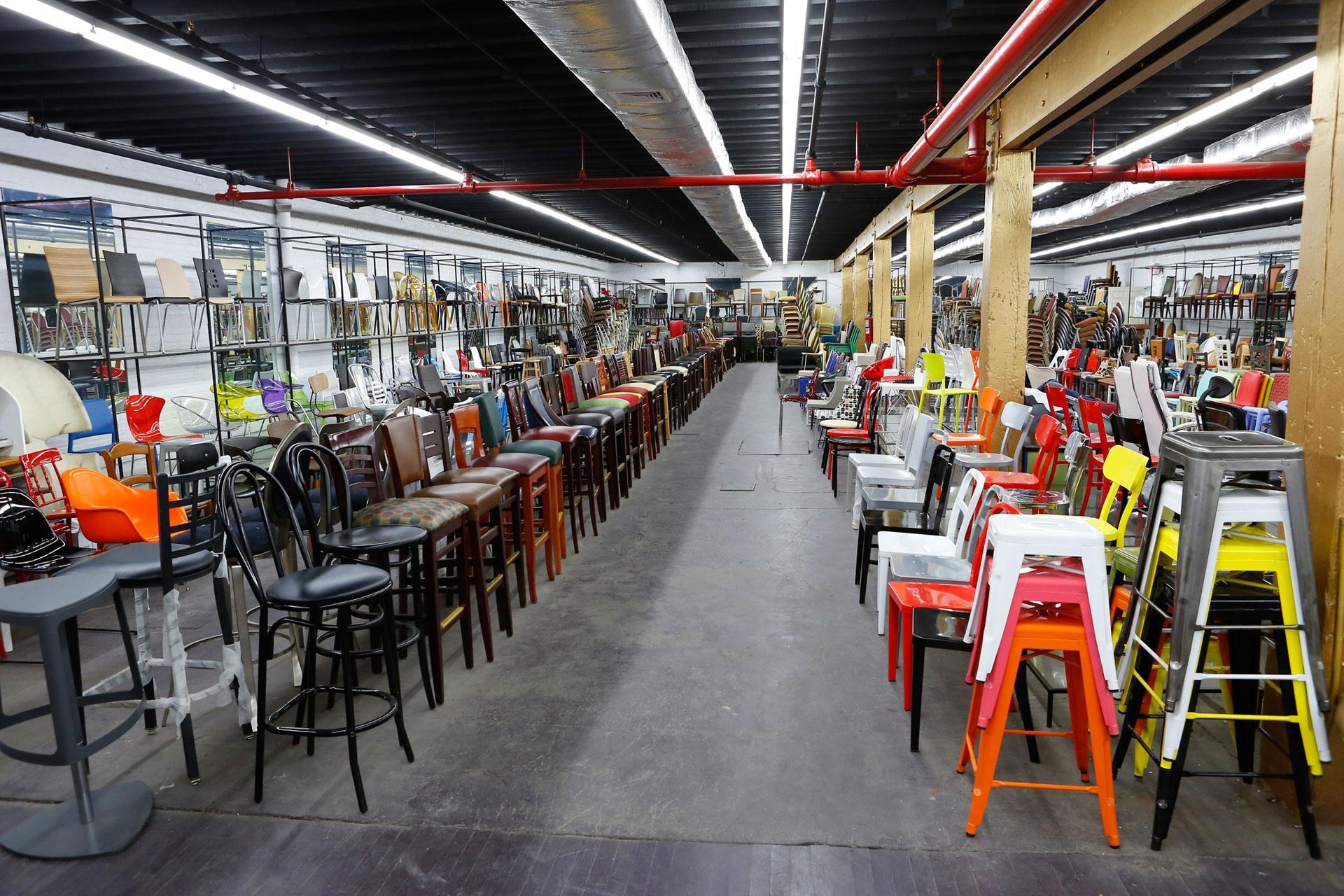 Wood chairs, bar stools inside