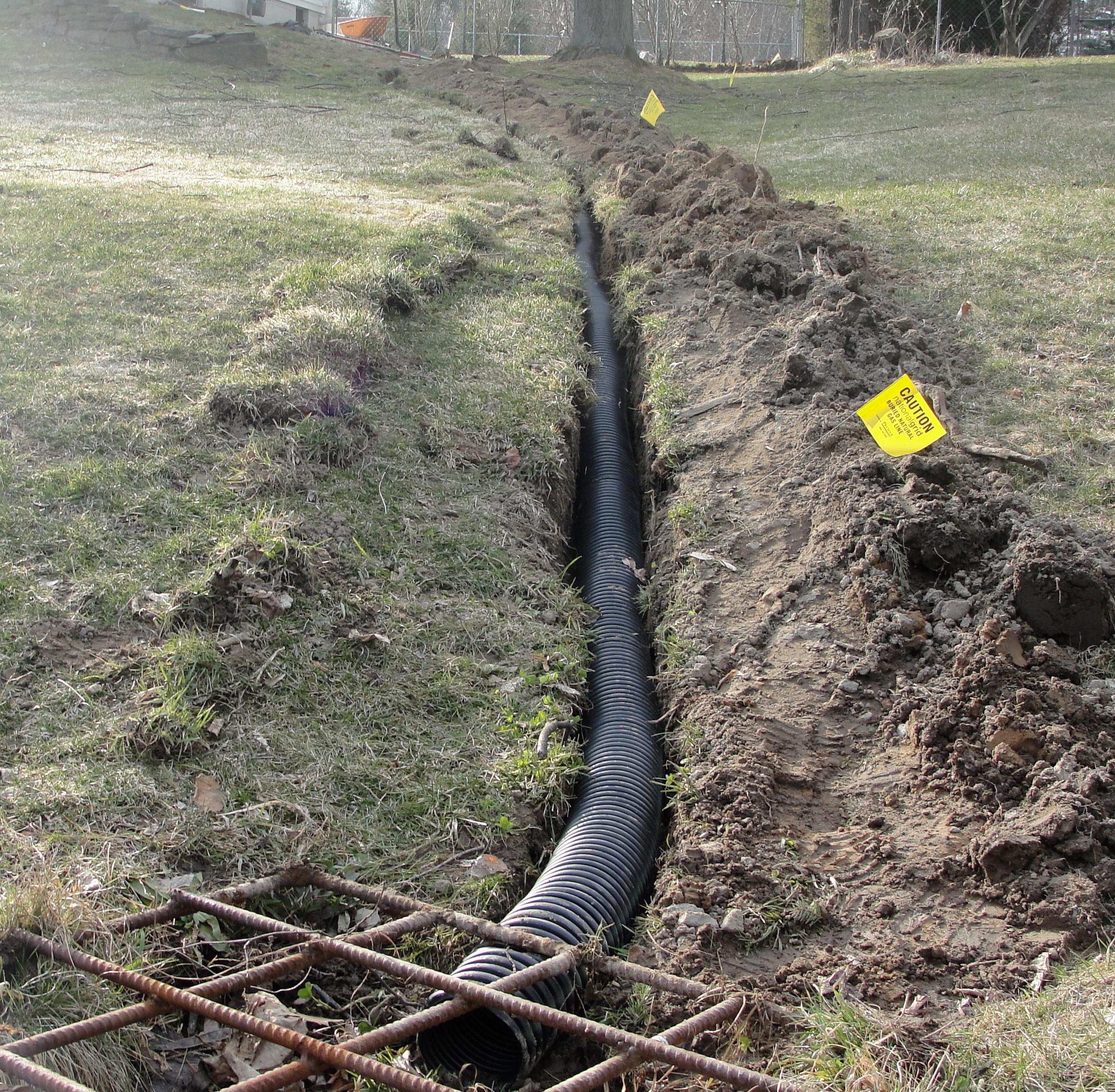 Underground yard drainage systems and pipes installed for collecting, removing, and leaching of rain & storm water.