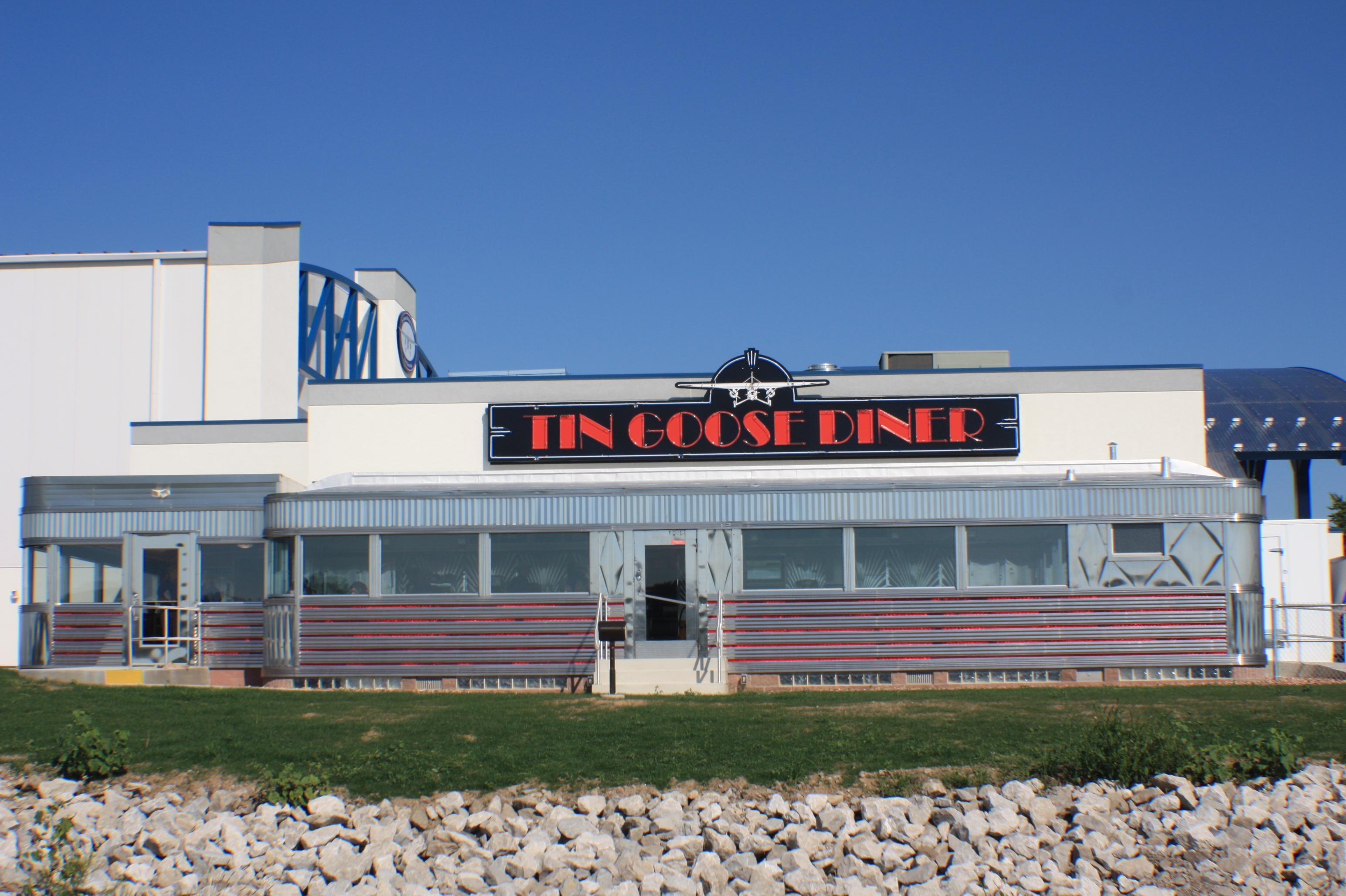 The side view of the Tin Goose Diner, connected to the Liberty Aviation Museum