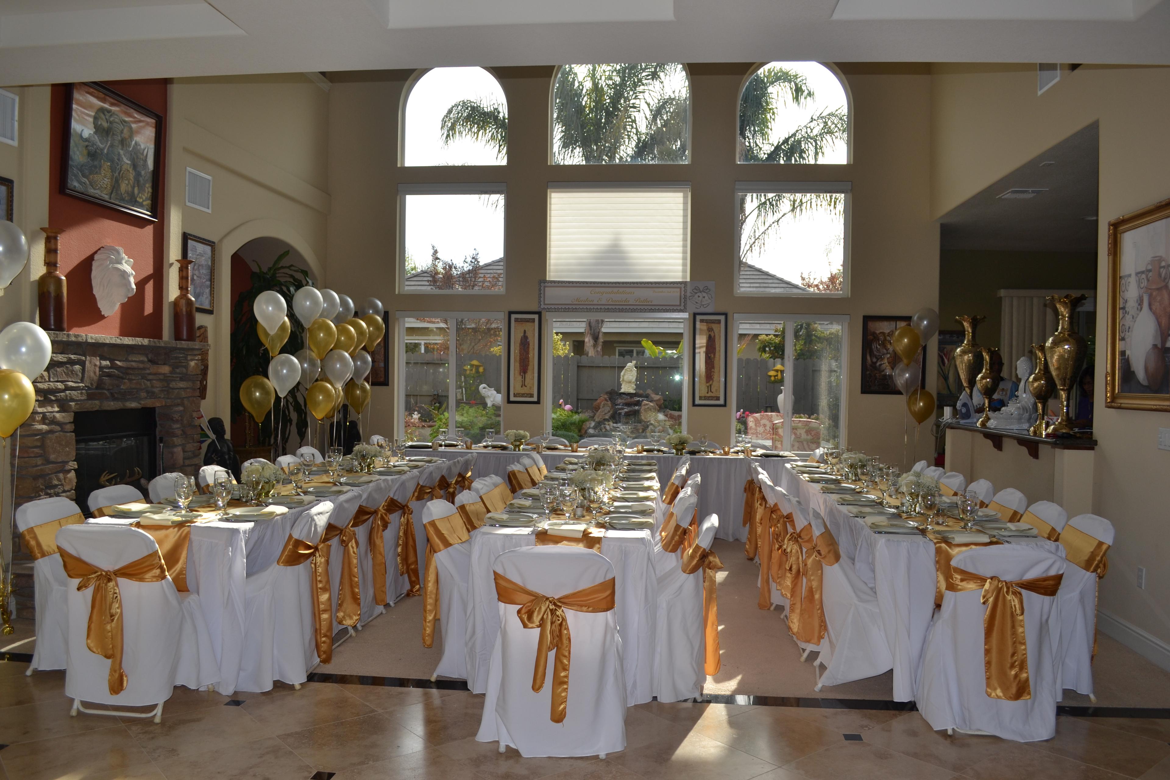 In home wedding reception. White and Gold Decor