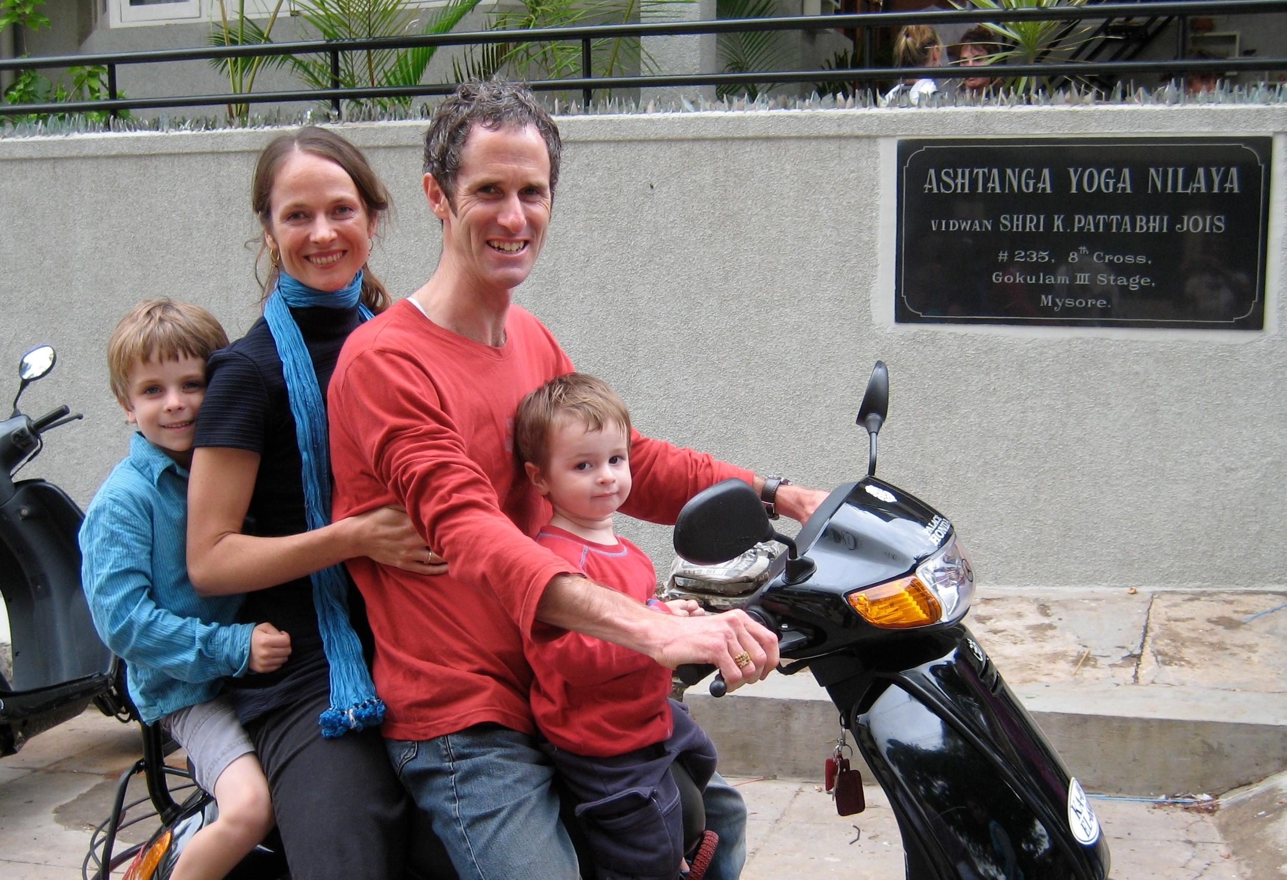 Andrew Hillam with his family in front of KPJAYI in Mysore, India