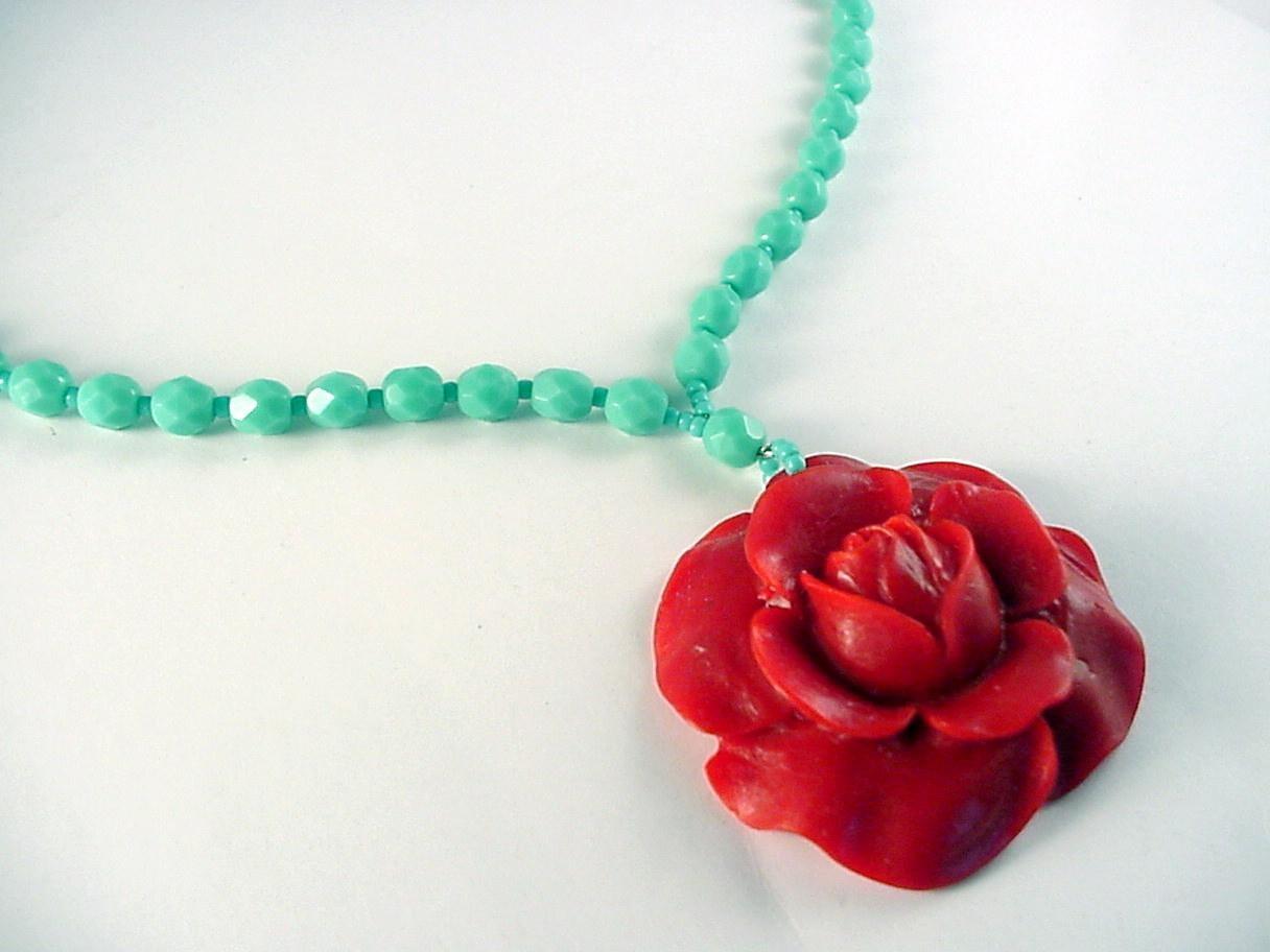 Tropical Red Rose Flower Pendant Necklace