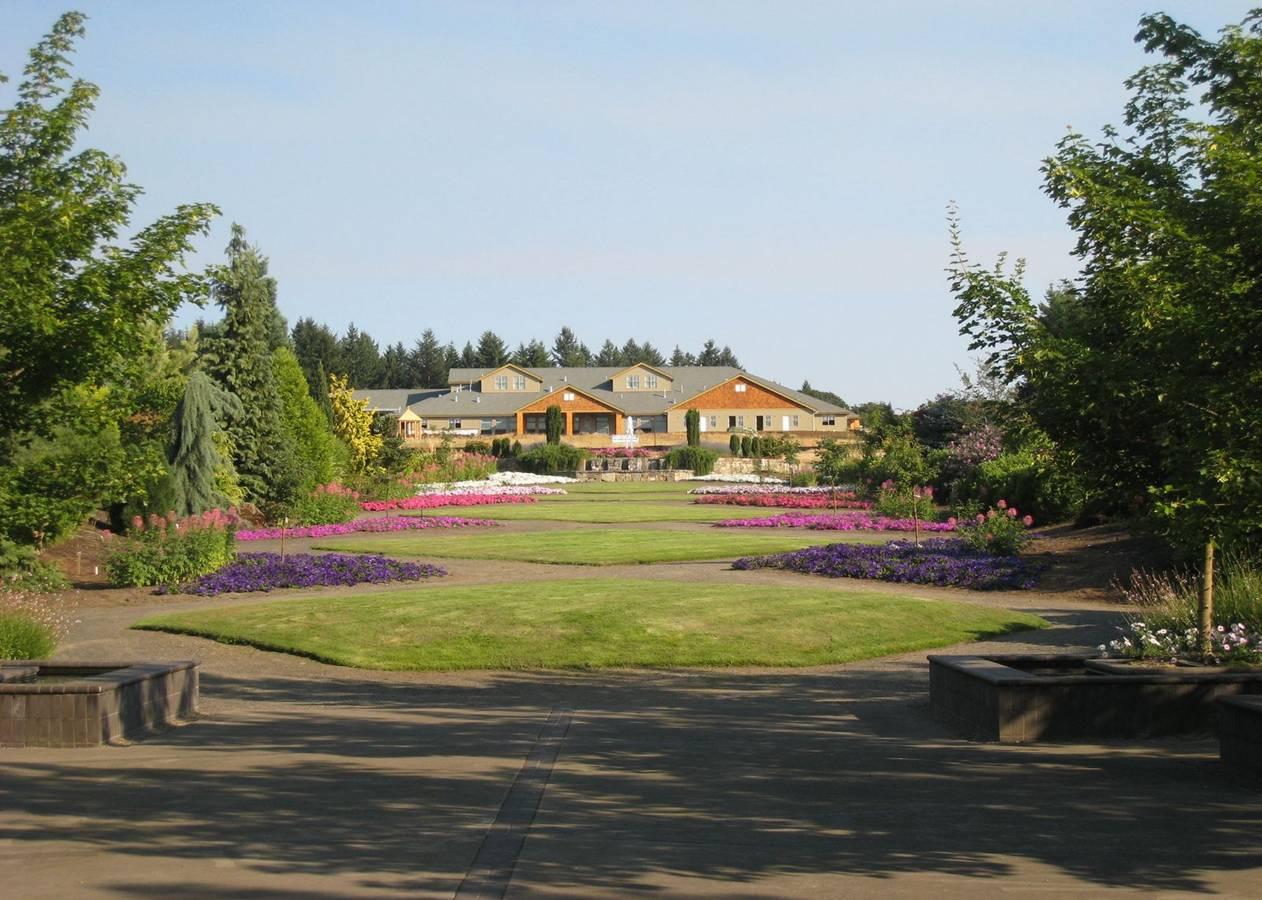 A view of the Oregon Garden Resort, from The Oregon Garden below.