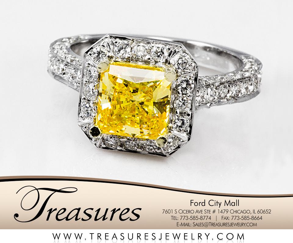 18K White Gold Luxurious ladies ring showcasing a 1.50ctw of exquisite VS1 clarity Fancy Canary Yellow Diamond Center stone & 1.25ctw VS1 round diamonds on the mounting accompanied by a GIA Certificate.