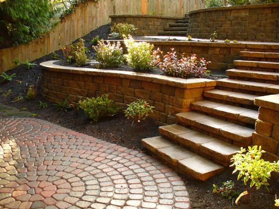 This terraced backyard was transformed from an unusable weedy slope! It now features edible plants, native plants, and two intimate patios.