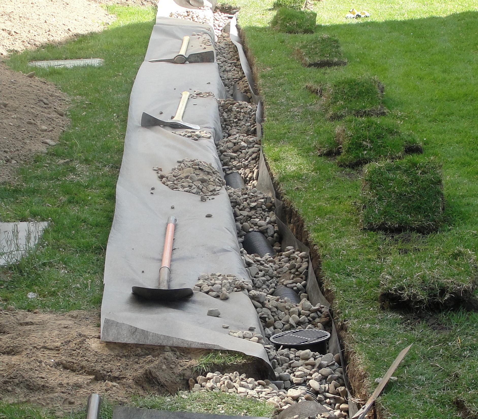 Installing french drain and yard drains for removal of wet, puddling, and pooling areas in yards.