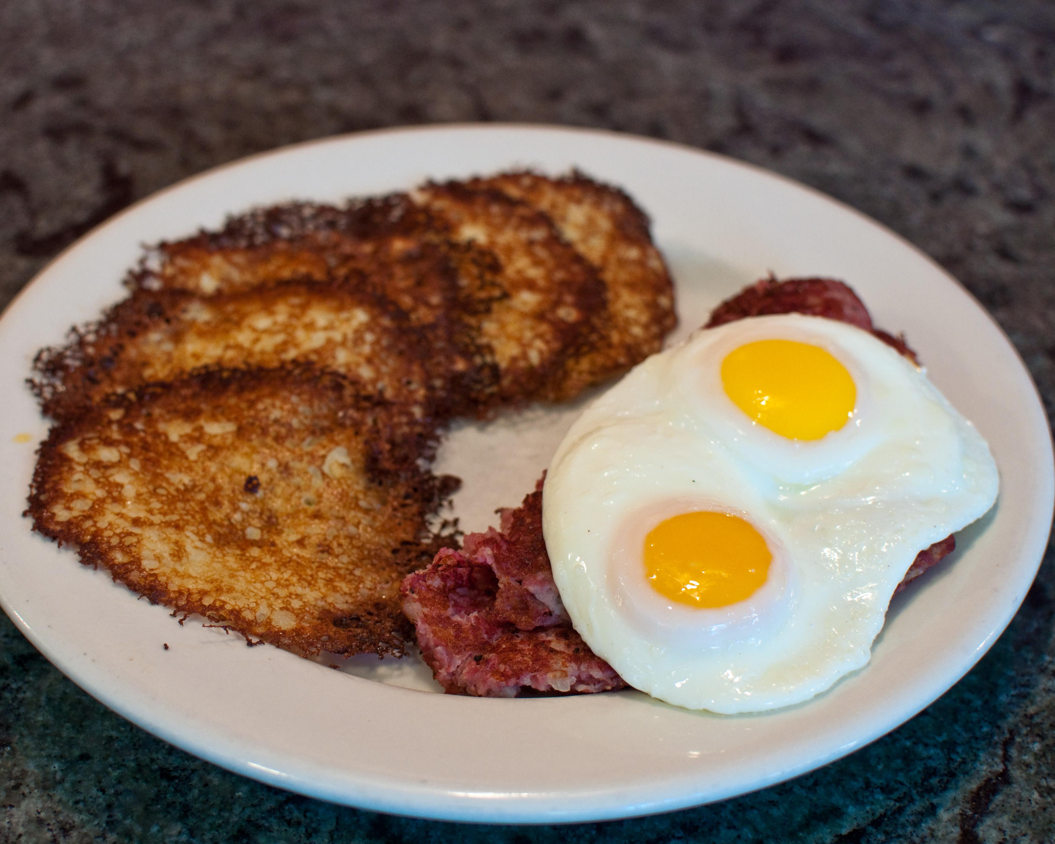 Fresh Corned Beef Hash, Up Eggs & Potato Pancakes..YUM!