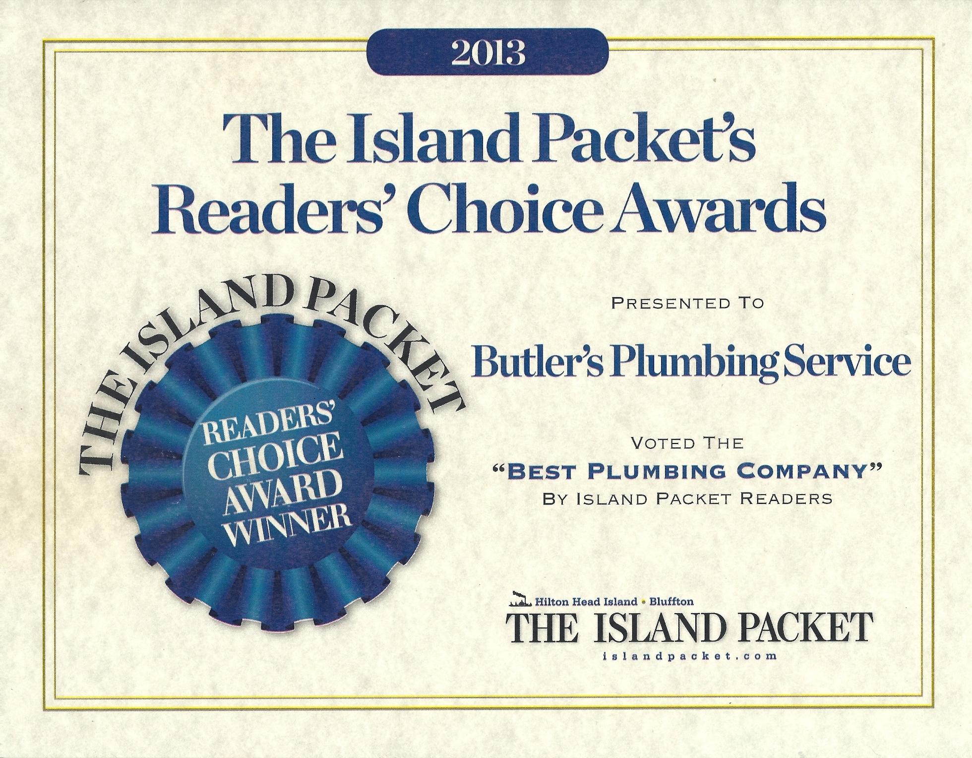 Butler's Plumbing, Readers Choice Award as "Best Plumbing Company" in the Island Packet 2013