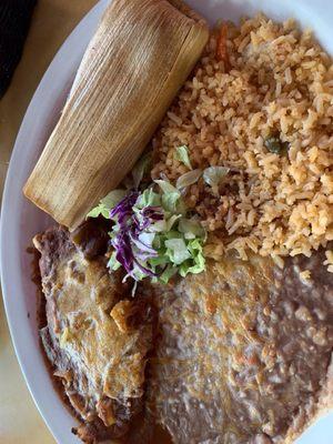 Combo with chile relleno, tamale, beans and rice.