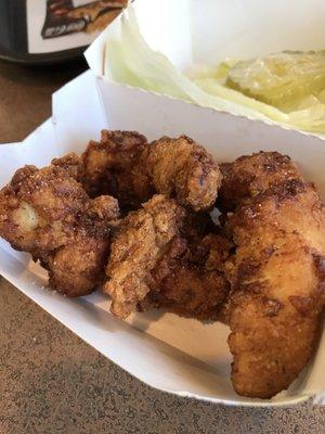 Over cooked Chicken Tenders. The Buffalo dip gave it a bit of moisture but still not good.