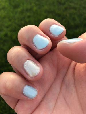 Embarrassing manicure w/ bleeding cuticle and lumpy, uneven polish