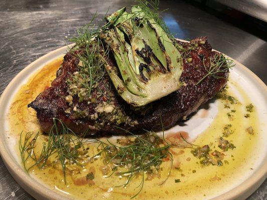 12 oz strip steak. Fingerling potatoes, Guaremteed to be one of the best steaks you've ever had!