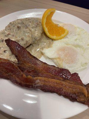 Happily surprised their biscuits and gravy are so good!! And nice bacon  crispy and good quality.