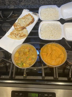 Chicken Tikka Masala, vegetable korma and butter naan