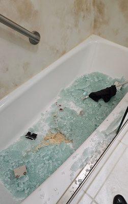 you can see the door guide and towel bar in the tub with the glass.