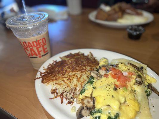 Spinach Mushroom Hollandaise and Horchata Flavored ice coffee