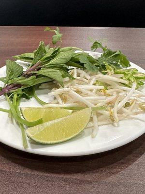 Basil, Cilantro, bean sprouts, peppers, and lime to add to your bowl.