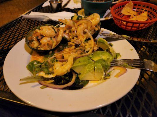 Avocado stuffed with Shrimp to go with a nice dinner outdoors. Cactus charley was very good.  Food is great!