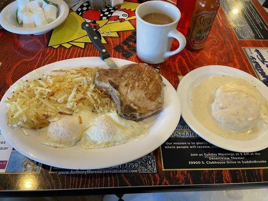 Today's special pork chop breakfast.