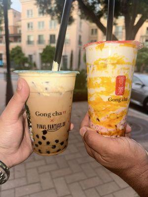 Brown Sugar milk tea with pearl and Marble Mango with strawberry white pearl and strawberry syrup