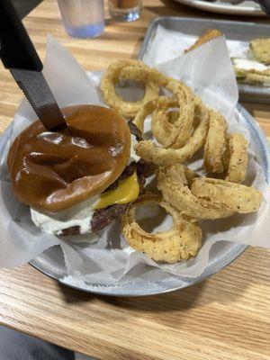 Ranch bacon burger with onion rings