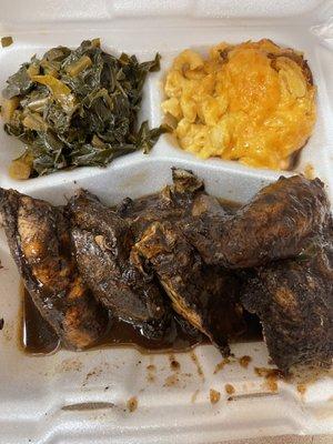 Jerk chicken , collards and Mac n cheese