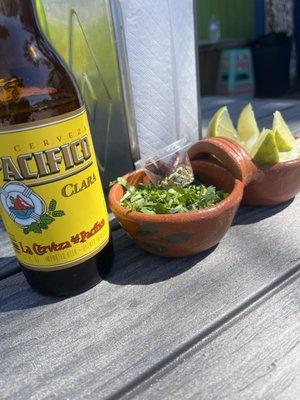 Outdoor seating, beer and spices.