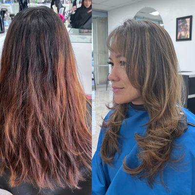 I Before and after I natural dark blonde balayage ombré and haircut by Angela