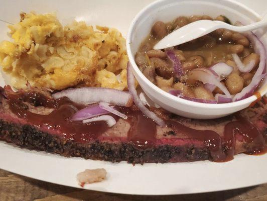 Mac & cheese, brisket, and baked beans.