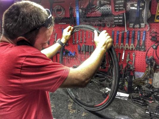 Real deal bike shop over in Jupiter. Rudy teaching me how to change my tires on the road bike. Definitely skill I needed.