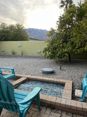 Fire pit near the gorgeous fruit trees.