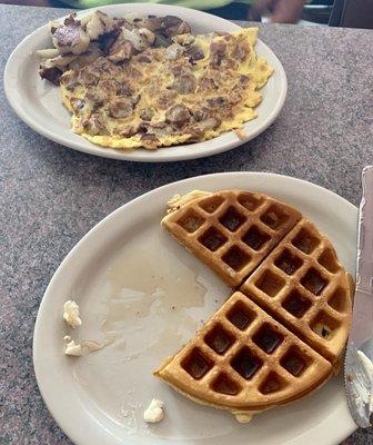 Belgian Waffle + Bacon & Cheese Omelet