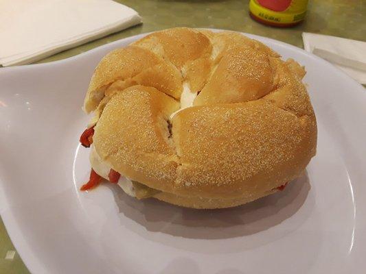 Villarina's special, with eggplant, tomato, roasted peppers, and mozzarella; served on a roll.