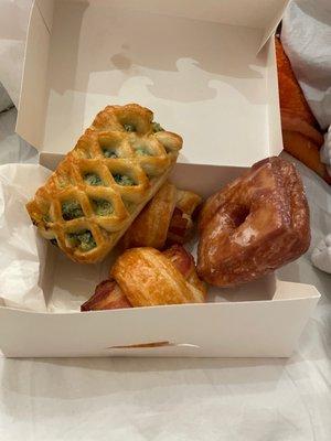 Cronut, spinach @ feta cheese danish and bacon and sausage rolls. Yummy