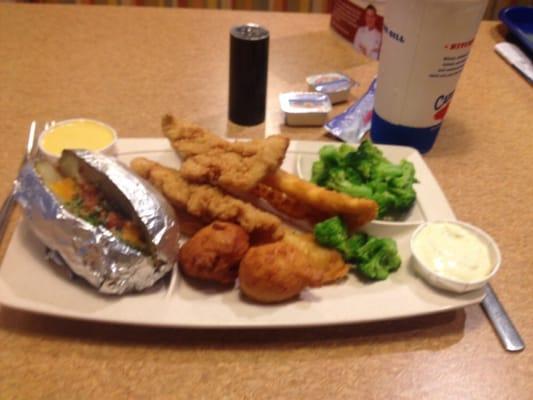 Fish & chicken dinner with loaded baked potato and steamed broccoli