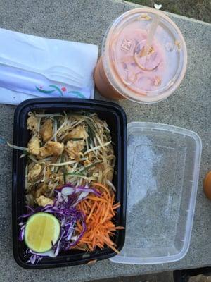 chicken pad thai & drink - YUMMY!