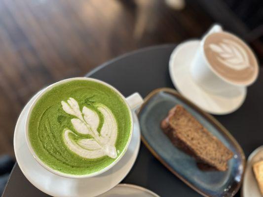 Matcha Latte, Hot Chocolate, and Banana Bread (gluten friendly)