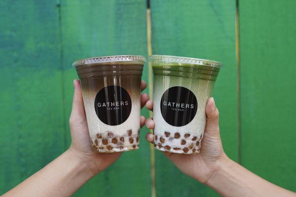 Hojicha Oat Latte (L) | Matcha Latte (R)