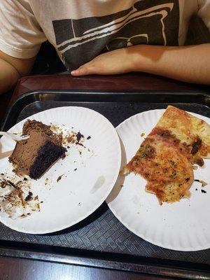 Chocolate cake with broccoli and chicken pizza