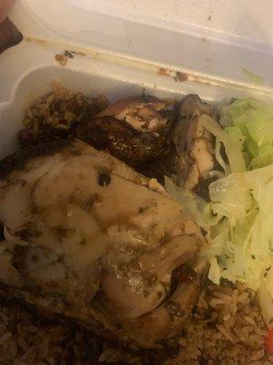 Jerk chicken that they removed the skin and said it was stew chicken