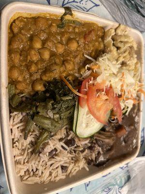 Noxtail (mushrooms), curry chickpeas, rice and peas, okra & callalou, Mac n' cheese, cabbage salad