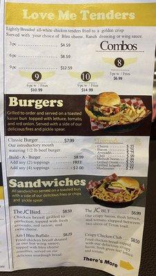 Menu burgers, sandwiches, and tenders