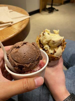 Mine medium dish (1 chocolate scoop, 1 tart cherry crumble scoop), his vanilla ice cream (almonds topping)