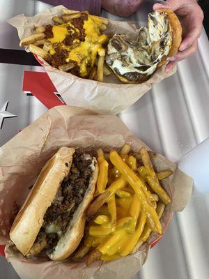 Texas Philly Cheesesteak Sandwich and Cheese Fries / Mushroom Shroom Burger 8oz Burger and Bacon Cheese Fries