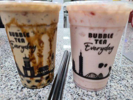 Tiger Milk Tea with boba & Strawberry Milk Tea, both regular size