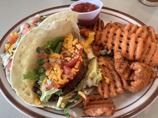 Taco Burger with Sweet Potato Fries