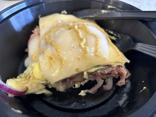 This was a pastrami omelette bowl. Sautéed onion, Swiss, mustard and horseradish mayo. Delicious